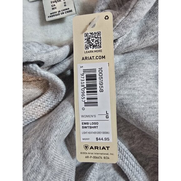 Ariat Womens Logo Spell Out Hoodie Sweatshirt pocket Gray Pink Size L New - Picture 4 of 16